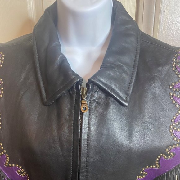 Vance Leathers USA leather black and purple fringe studded vest retro size 2XL - Picture 2 of 11